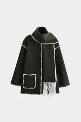 Contrast Trim Wool-blend Coat With Tassel Scarf