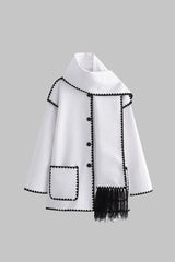 Contrast Trim Wool-blend Coat With Tassel Scarf