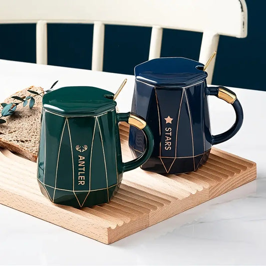 Ceramic Water Cup with Lid and Spoon for Coffee