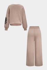 Knit Round Neck Embroidery Long-Sleeve Top And Wide Leg Pants Set