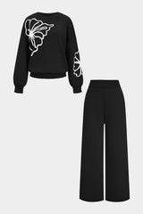 Knit Round Neck Embroidery Long-Sleeve Top And Wide Leg Pants Set