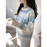 White Fairland Vintage Rhombus Round Neck Sweater For Women