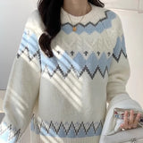 White Fairland Vintage Rhombus Round Neck Sweater For Women