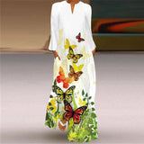 Women's Long Dress with Fashionable Print V-Neck and Long Sleeves