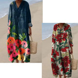 Floral Printed Dress Sexy V-Neck Breathable Loose Comfortable Casual Beach Elegant Long Sleeve Washable