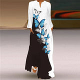 Women's Long Dress with Fashionable Print V-Neck and Long Sleeves