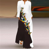 Women's Long Dress with Fashionable Print V-Neck and Long Sleeves