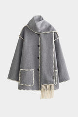 Contrast Trim Wool-blend Coat With Tassel Scarf