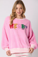 Letter Rhinestone Long Sleeve Pullover Hoodie Round Neck