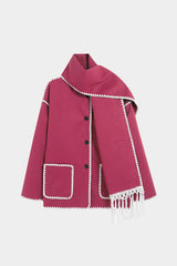 Contrast Trim Wool-blend Coat With Tassel Scarf