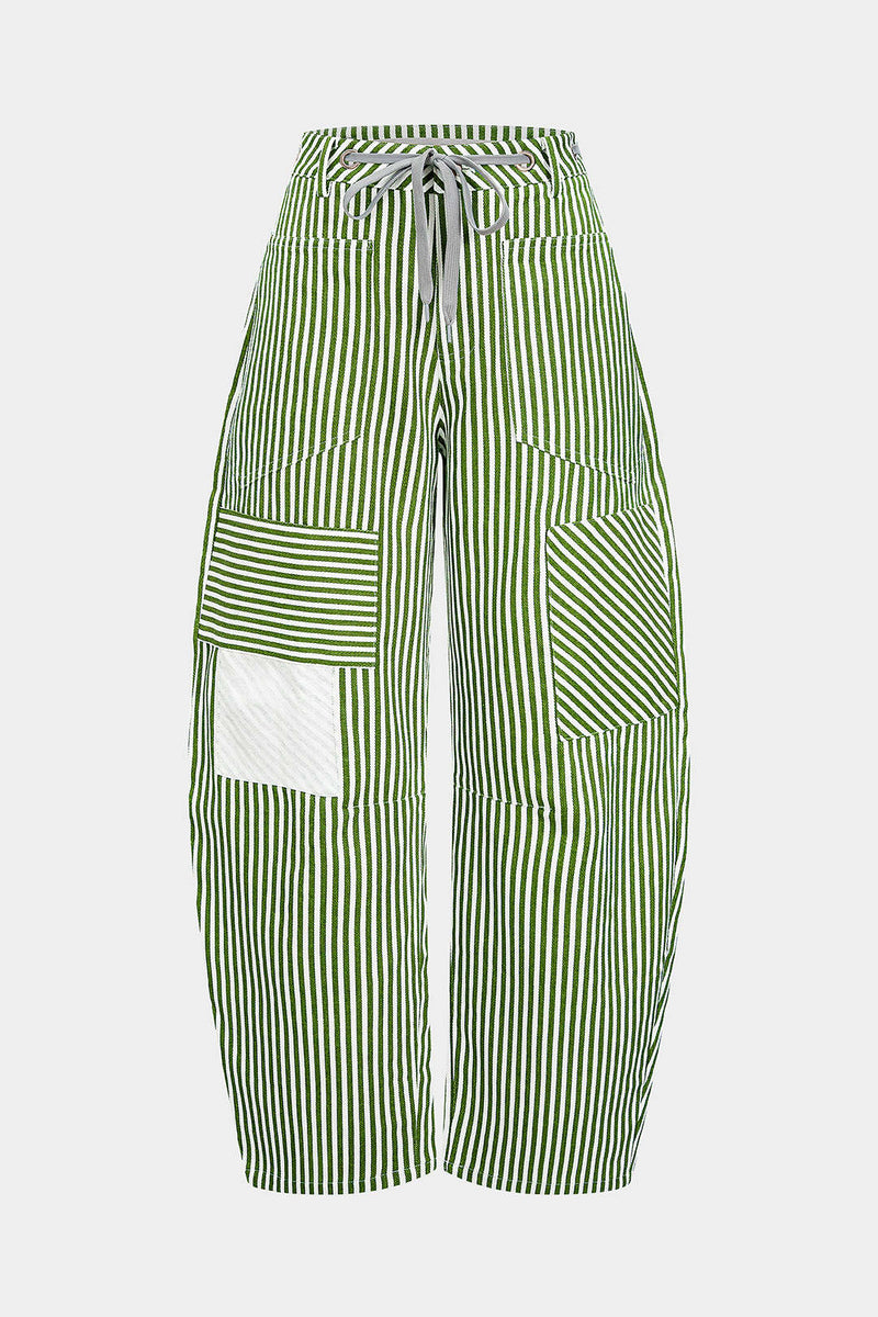 Stripe Print Pocket Drawstring Barrel Trousers