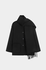 Contrast Trim Wool-blend Coat With Tassel Scarf