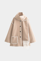 Contrast Trim Wool-blend Coat With Tassel Scarf