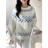 White Fairland Vintage Rhombus Round Neck Sweater For Women