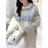White Fairland Vintage Rhombus Round Neck Sweater For Women
