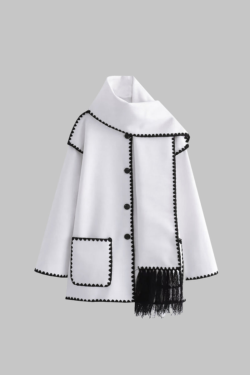 Contrast Trim Wool-blend Coat With Tassel Scarf
