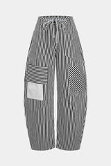 Stripe Print Pocket Drawstring Barrel Trousers