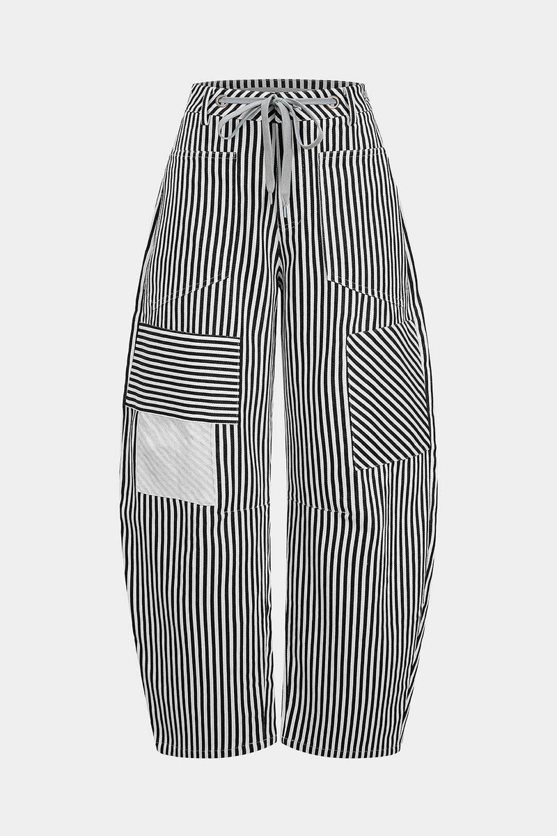 Stripe Print Pocket Drawstring Barrel Trousers