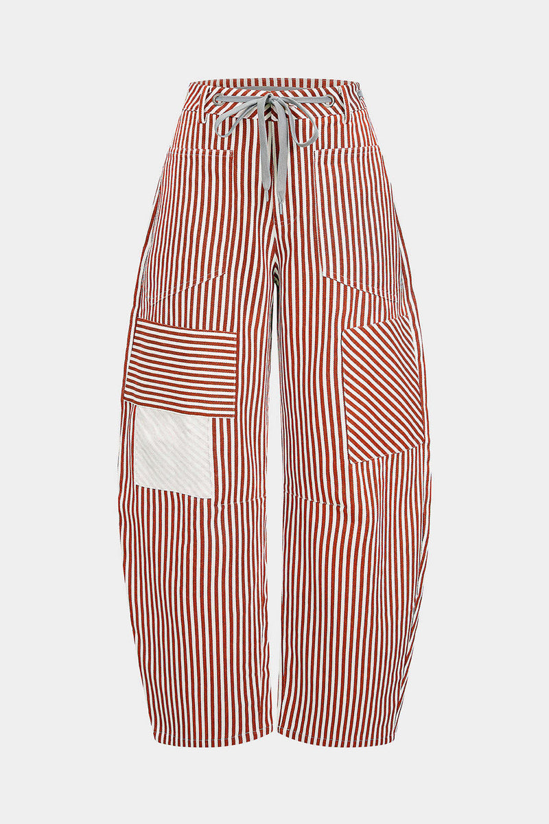 Stripe Print Pocket Drawstring Barrel Trousers