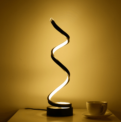 Modern black spiral table lamp with LED lighting for bedroom and home office