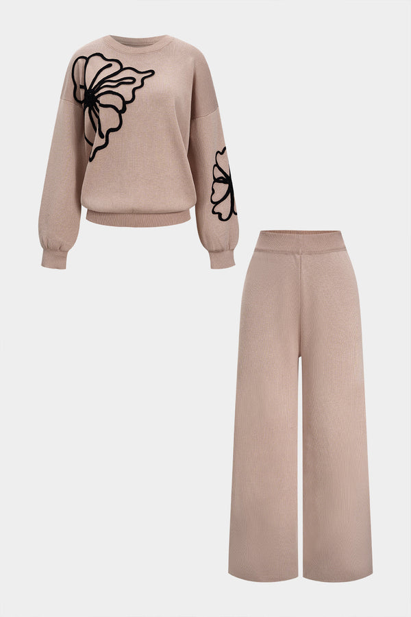 Knit Round Neck Embroidery Long-Sleeve Top And Wide Leg Pants Set