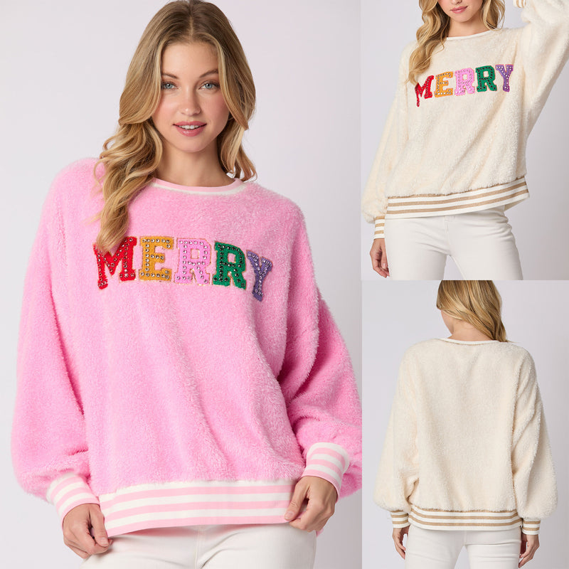 Letter Rhinestone Long Sleeve Pullover Hoodie Round Neck