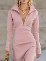 Elegant Retro Sporty V-neck Front Zipper Long-sleeved Pink Maxi Dress