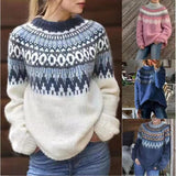 Round Neck Pullover Jacquard Vintage Print Sweater