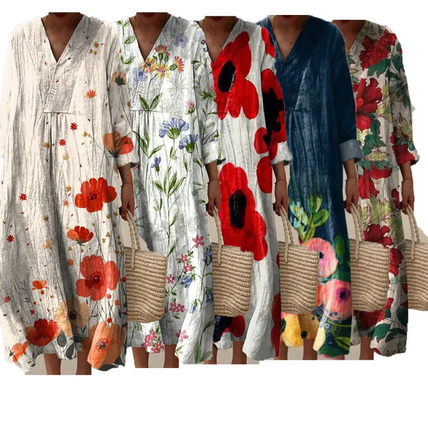 Floral Printed Dress Sexy V-Neck Breathable Loose Comfortable Casual Beach Elegant Long Sleeve Washable