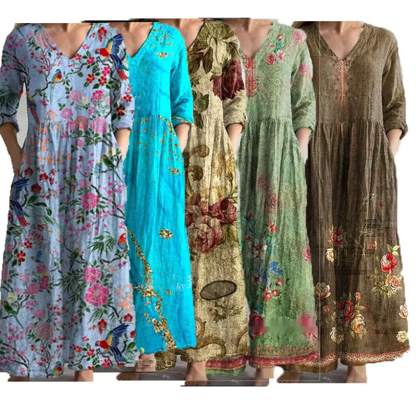 Long Sleeve Dress Elegant V-Neck Side Pockets Digital Print Breathable Dress