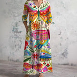 Long Sleeve Dress Elegant V-Neck Side Pockets Digital Print Breathable Dress