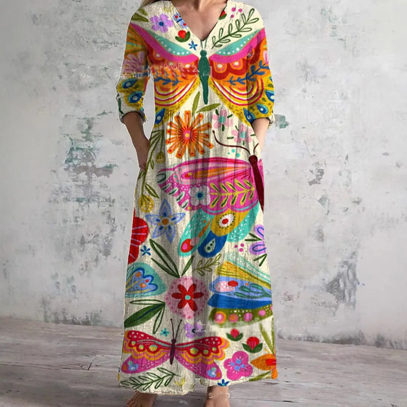 Long Sleeve Dress Elegant V-Neck Side Pockets Digital Print Breathable Dress