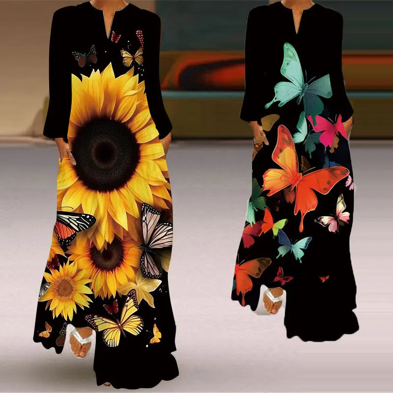 Fashion Digital Printed Dress V-neck Elegant and Charming Loose and Comfortable Women's Dress