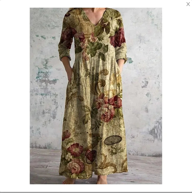 Long Sleeve Dress Elegant V-Neck Side Pockets Digital Print Breathable Dress