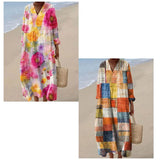 Floral Printed Dress Sexy V-Neck Breathable Loose Comfortable Casual Beach Elegant Long Sleeve Washable