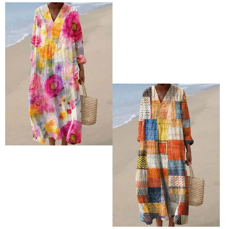 Floral Printed Dress Sexy V-Neck Breathable Loose Comfortable Casual Beach Elegant Long Sleeve Washable
