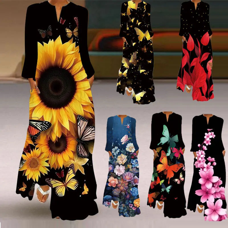 Fashion Digital Printed Dress V-neck Elegant and Charming Loose and Comfortable Women's Dress