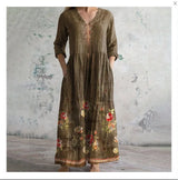 Long Sleeve Dress Elegant V-Neck Side Pockets Digital Print Breathable Dress