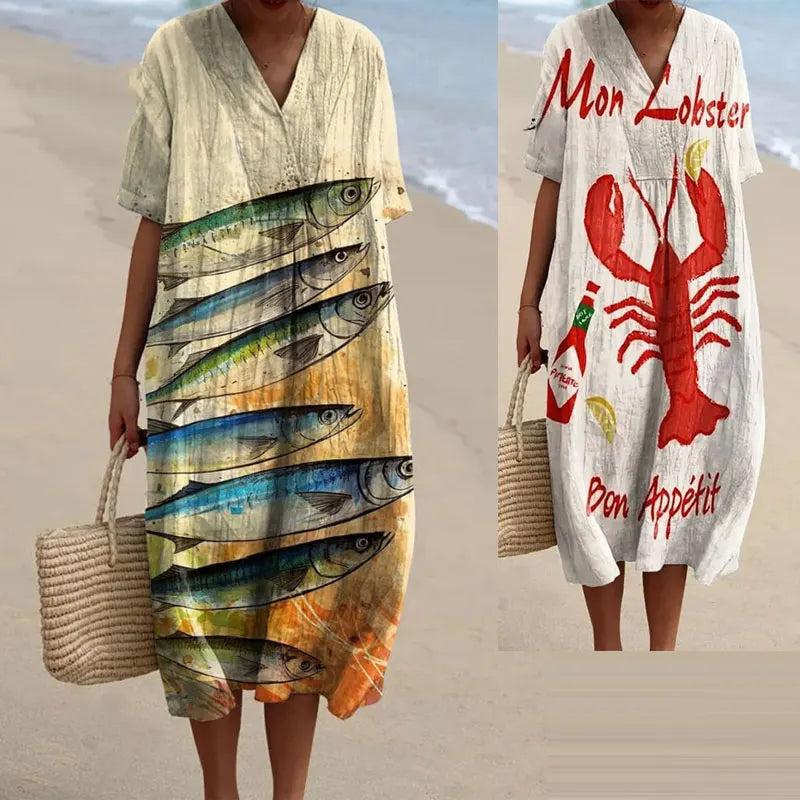 Marine Life 3D Print Short Sleeves Dress Washable Anti-Wrinkle Floral Pattern Ruffle