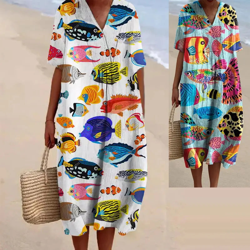 Marine Life 3D Print Short Sleeves Dress Washable Anti-Wrinkle Floral Pattern Ruffle