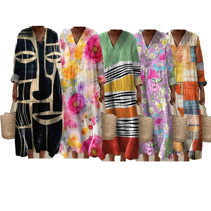 Floral Printed Dress Sexy V-Neck Breathable Loose Comfortable Casual Beach Elegant Long Sleeve Washable
