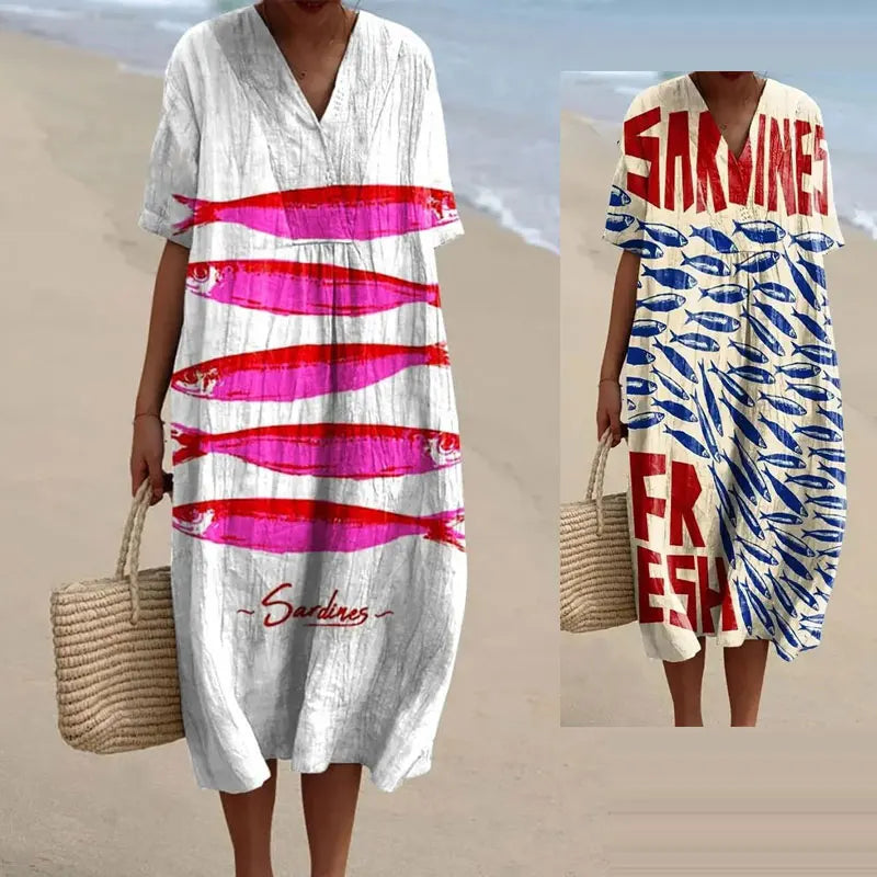 Marine Life 3D Print Short Sleeves Dress Washable Anti-Wrinkle Floral Pattern Ruffle