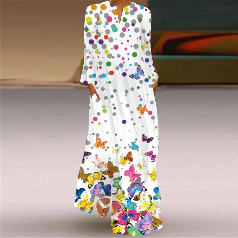 Women's Long Dress with Fashionable Print V-Neck and Long Sleeves