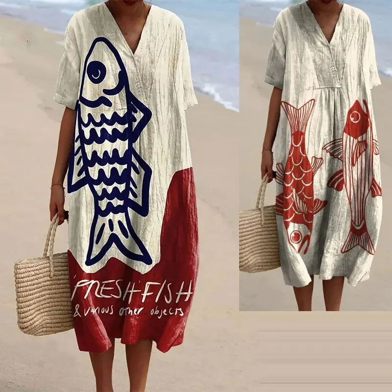 Marine Life 3D Print Short Sleeves Dress Washable Anti-Wrinkle Floral Pattern Ruffle