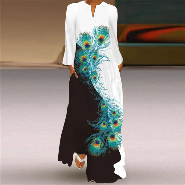 Women's Long Dress with Fashionable Print V-Neck and Long Sleeves