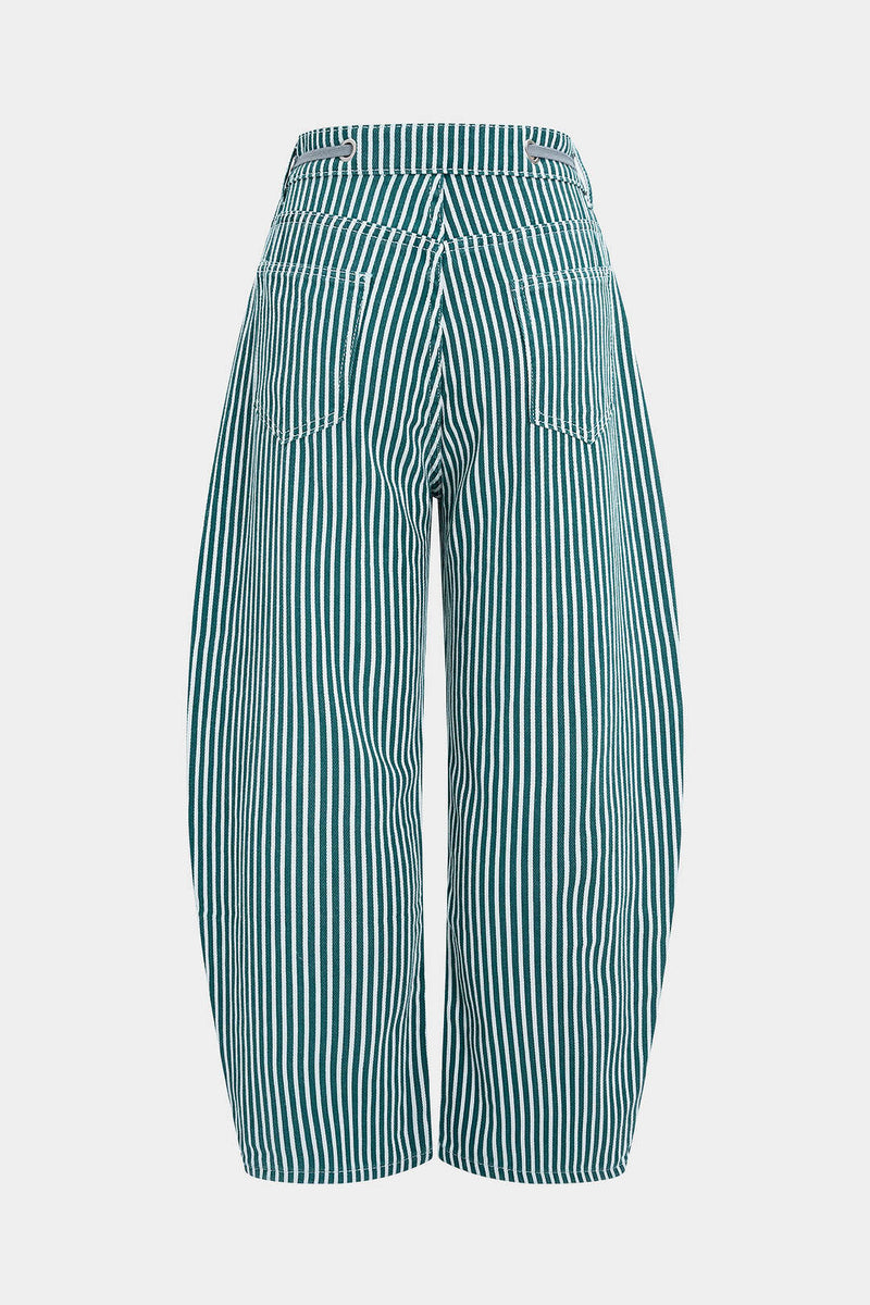 Stripe Print Pocket Drawstring Barrel Trousers