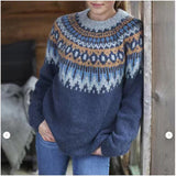 Round Neck Pullover Jacquard Vintage Print Sweater