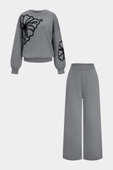 Knit Round Neck Embroidery Long-Sleeve Top And Wide Leg Pants Set