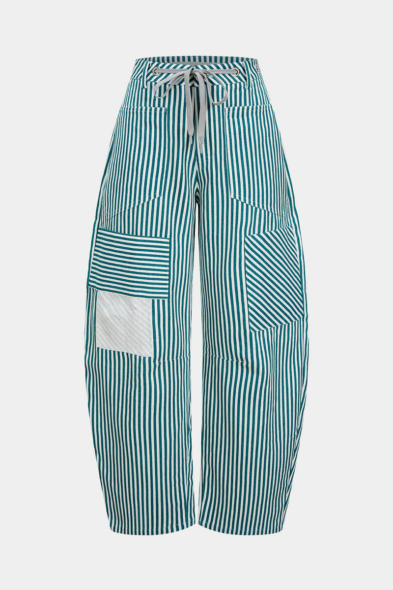 Stripe Print Pocket Drawstring Barrel Trousers