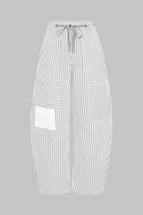Stripe Print Pocket Drawstring Barrel Trousers